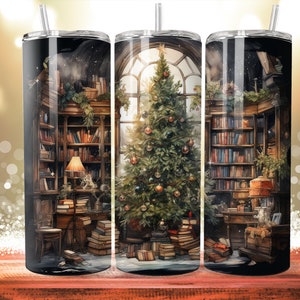 Christmas Tree Bookcase Library 20 oz Skinny Tumbler Sublimation Design, Straight Tumbler Wrap, Instant Digital Download PNG 300 DPI
