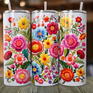 Mexican Floral Embroidered Tumbler Wrap 20 oz Skinny Tumbler Sublimation Design, Straight Tumbler Wrap, Instant Digital Download PNG 300 DPI