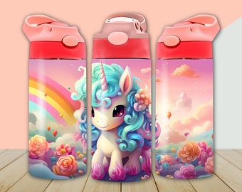 May include: Three pink and red water bottles with a unicorn, rainbow, and clouds design. The unicorn is white with blue and pink hair and a gold horn.