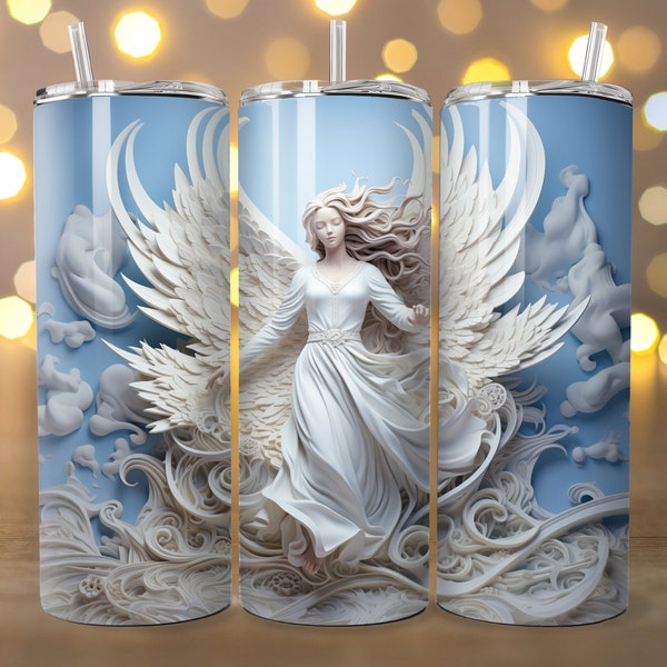 3D Angel Wit en Blauw, 20 oz Skinny Tumbler Sublimation Design, Instant Digital Download PNG, Straight Tumbler Wrap, 300 dpi