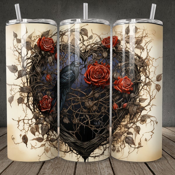 Vintage Gothic Heart 20 oz Skinny Tumbler Sublimation Design Straight Tumbler Wrap Halloween Instant Digital Download PNG, 300 DPI