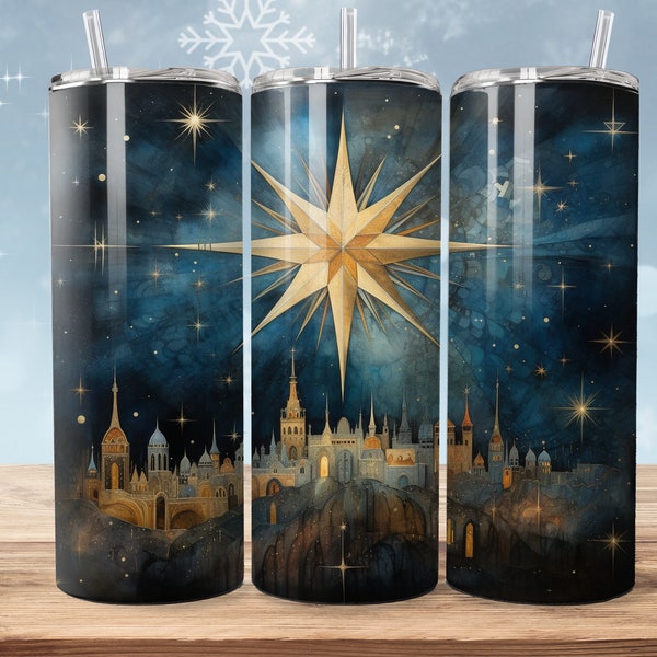 Bethlehem Christmas Star 20 oz Skinny Tumbler Sublimation Design Straight Tumbler Wrap Christmas Scene Instant Digital Download PNG, 300 DPI