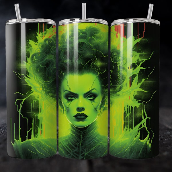 Neon Bride of Frankenstein 20 oz Skinny Tumbler Sublimation Design, Straight Tumbler Wrap, Halloween Monster, Instant Digital Download PNG
