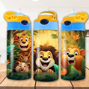 Jungle Animals 12 oz Flip Top Sippy Cup Sublimation Design, Straight 12 Oz Tumbler Wrap PNG, Kids Water Bottle, Digital Download, 300 DPI