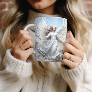 Ángel 3D blanco y azul, diseño de sublimación de envoltura de taza de 11 y 15 oz, descarga digital instantánea PNG, envoltura de taza de Navidad, 300 ppp