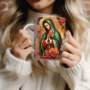 Virgen de Gaudalupe Design de sublimação de caneca de 11 e 15 onças, download digital instantâneo PNG, Senhora de Guadalupe, envoltório de copo reto, 300 dpi