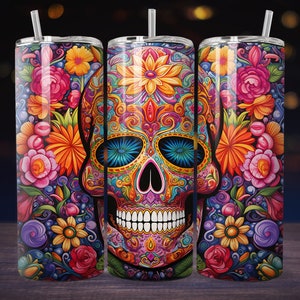 3D Sugar Skull 20 oz Skinny Tumbler Sublimation Design, Straight Tumbler Wrap, Instant Digital Download PNG, 300 DPI
