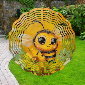 May include: A whimsical yellow and black bee with large eyes and a smile is surrounded by yellow flowers. The bee is painted in a cartoon style and is set against a green and yellow background.