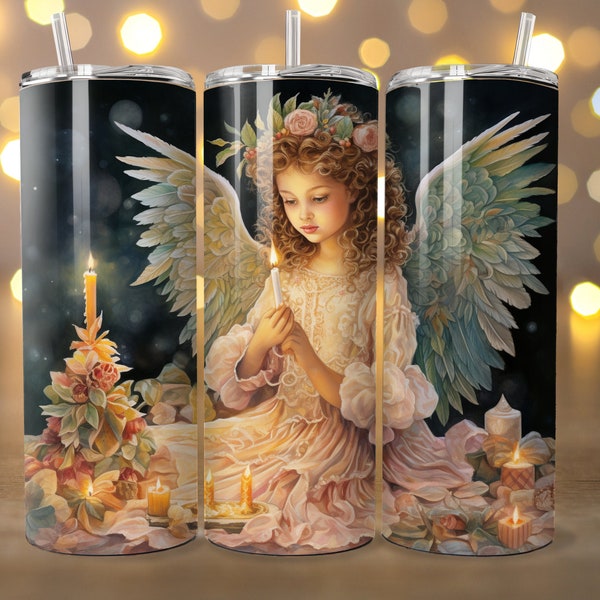 Victorian Watercolor Angel 20 oz Skinny Tumbler Sublimation Design, Christmas Scene, Straight Tumbler Wrap, Instant Digital Download PNG