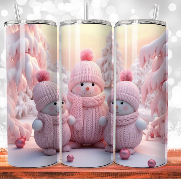 3D Cute Snowmen Pink Hats And Sweaters 20 oz Skinny Tumbler Sublimation Design, Straight Tumbler Wrap, Instant Digital Download PNG