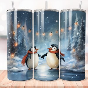 Cute Skating Penguins 20 oz Skinny Tumbler Sublimation Design, Straight Tumbler Wrap, Instant Digital Download PNG 300 DPI