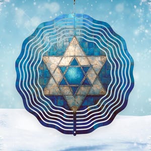 May include: A blue and silver metal wind spinner with a Star of David design. The spinner has multiple layers of swirling metal.