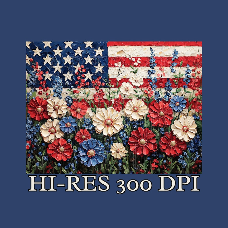 Puede incluir: Una representaci&oacute;n art&iacute;stica de la bandera estadounidense, con las estrellas y las barras reemplazadas por un vibrante arreglo floral. Flores rojas, blancas y azules florecen en un estilo texturizado e impresionista. El texto "HI-RES 300 DPI" est&aacute; en la parte inferior.