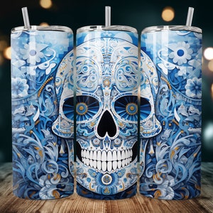 3D Blue And White Sugar Skull 20 oz Skinny Tumbler Sublimation Design, Straight Tumbler Wrap, Instant Digital Download PNG, 300 DPI