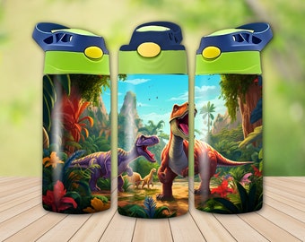 Dinosaurier 12 Unzen Flip Top Schnabeltasse Sublimation Design, gerade 12 Unzen Becher wickeln PNG, Kinder Wasserflasche, digitaler Download, 300 DPI