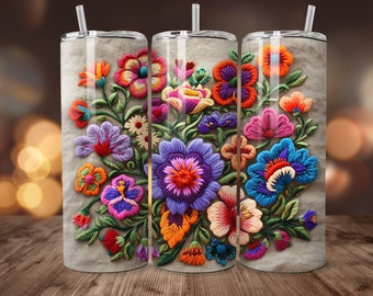 Oaxacan Floral Embroidered Tumbler Wrap 20 oz Skinny Tumbler Sublimation Design, Straight Tumbler Wrap, Instant Digital Download PNG 300 DPI