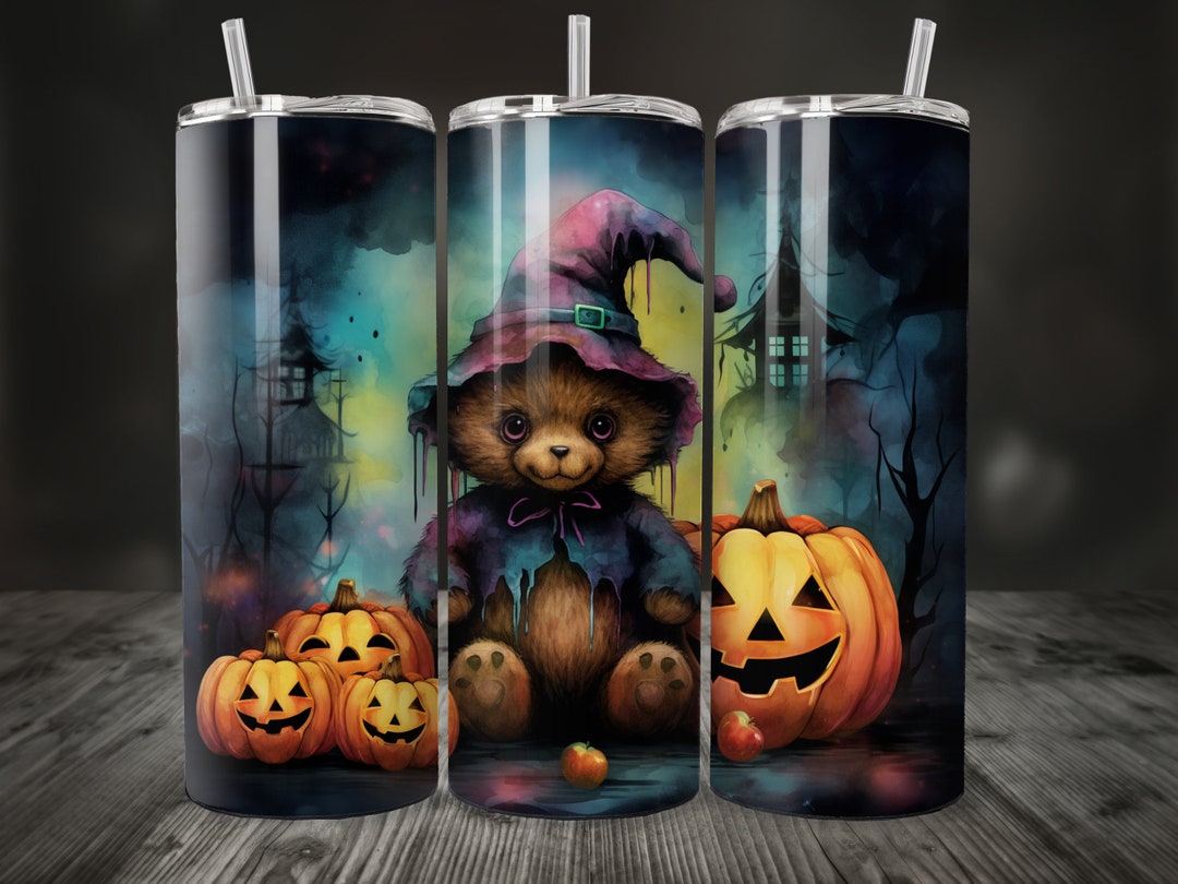 Watercolor Halloween Teddy Bear 20 Oz Skinny Tumbler Sublimation Design ...