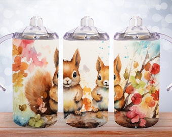 Cute Baby Squirrels 12 oz Sippy Cup Sublimation Design, Straight 12 Oz Tumbler Wrap PNG, Kids Water Bottle, Digital Download, 300 DPI