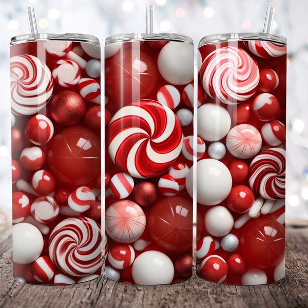 3D Christmas Peppermint Candy 20 oz Skinny Tumbler Sublimation Design, Christmas Sweets, Straight Tumbler Wrap, Instant Digital Download PNG