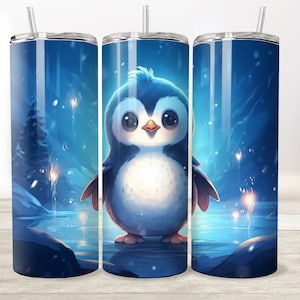 Cute Luminous Penguin 20 oz Skinny Tumbler Sublimation Design, Straight Tumbler Wrap, Instant Digital Download PNG 300 DPI