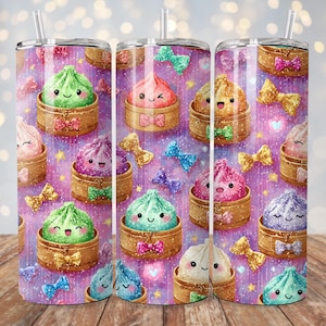May include: A stainless steel tumbler with a whimsical design featuring smiling cartoon dumplings in bamboo steamers, surrounded by glitter and bows on a purple background. The tumbler has a straw.