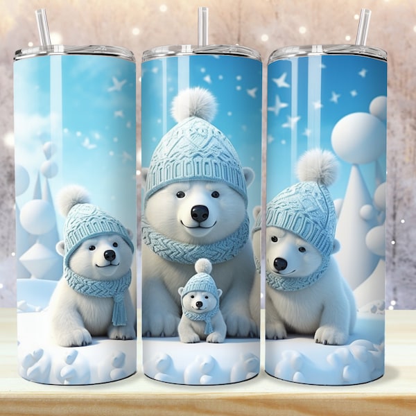 3D Cute Polar Bears Blue Knit Hats 20 oz Skinny Tumbler Sublimation Design, Straight Tumbler Wrap, Instant Digital Download PNG