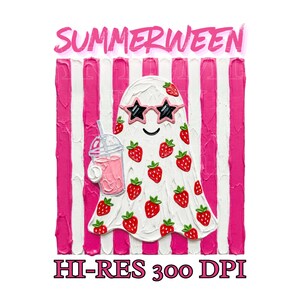 May include: A whimsical illustration featuring a ghost character adorned with star-shaped sunglasses and strawberry accents. The ghost is holding a pink drink, set against a backdrop of pink and white stripes. The word "SUMMERWEEN" is at the top, and "HI-RES 300 DPI" at the bottom.