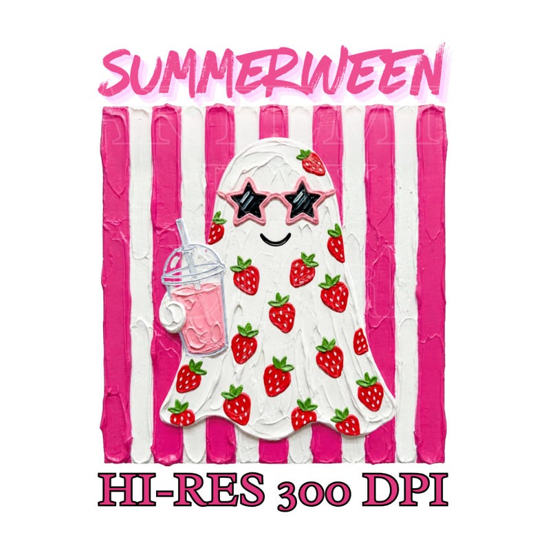 May include: A whimsical illustration featuring a ghost character adorned with star-shaped sunglasses and strawberry accents. The ghost is holding a pink drink, set against a backdrop of pink and white stripes. The word "SUMMERWEEN" is at the top, and "HI-RES 300 DPI" at the bottom.