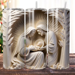 3D Nativity Scene Mary Joseph Jesus, 20 oz Skinny Tumbler Sublimation Design, Instant Digital Download PNG, Straight Tumbler Wrap, 300 dpi