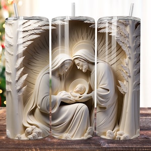 Scena Narodzenia 3D Maryja Józef Jezus, 20 oz Skinny Tumbler Sublimacja Projekt, Natychmiastowe pobranie cyfrowe PNG, Prosta folia na Tumbler, 300 dpi