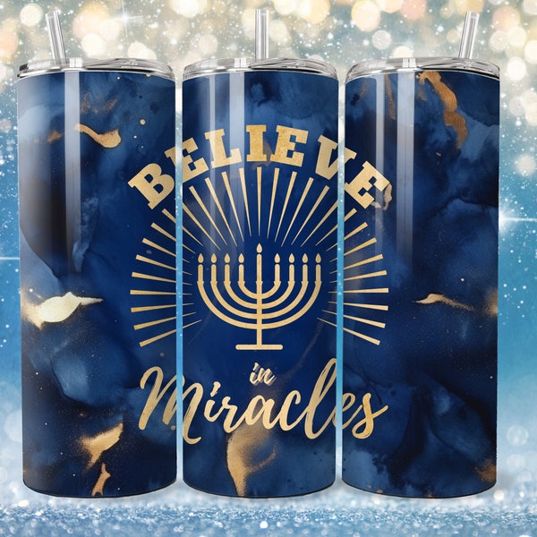 Hanukkah Menorah Believe In Miracles 20 oz Skinny Tumbler Sublimation Design, Straight Tumbler Wrap, Instant Digital Download PNG 300 DPI