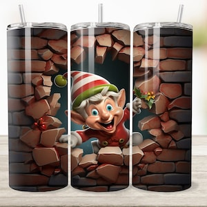 3D Christmas Elf Hole In Wall 20 oz Skinny Tumbler Sublimation Design, Straight Tumbler Wrap, Instant Digital Download PNG 300 DPI