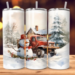 Watercolor Christmas Truck Snowman 20oz Tumbler Design (Digital Download)