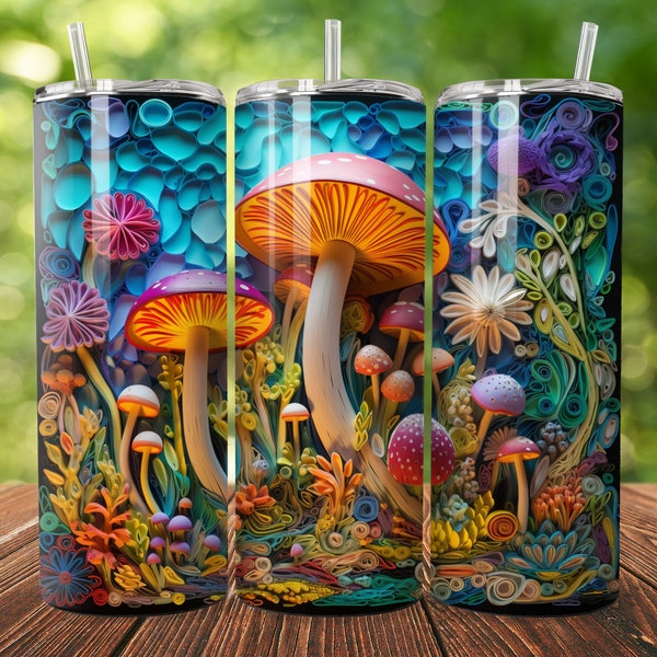 3D Quilled Groovy Psychedelic Mushrooms 20oz Skinny Tumbler Sublimation Design, Straight Tumbler Wrap, Instant Digital Download PNG, 300 DPI