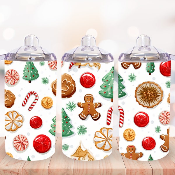 Watercolor Christmas Pattern 12 oz Sippy Cup Sublimation Design Straight 12 Oz Tumbler Wrap PNG Kids Water Bottle Digital Download 300 DPI