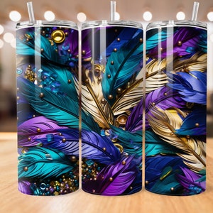 3D Metallic Mardi Gras Feathers 20 oz Skinny Tumbler Sublimation Design, Straight Tumbler Wrap, Instant Digital Download PNG, 300 DPI