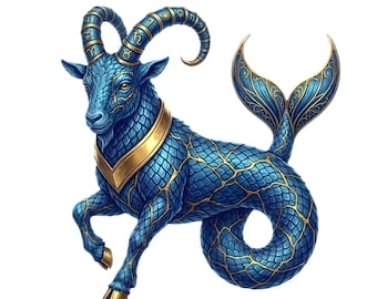 Steinbock Sternzeichen transparent PNG digitaler Download Ziege Astrologie Clipart blau Gold Kunst Sublimation Design druckbare