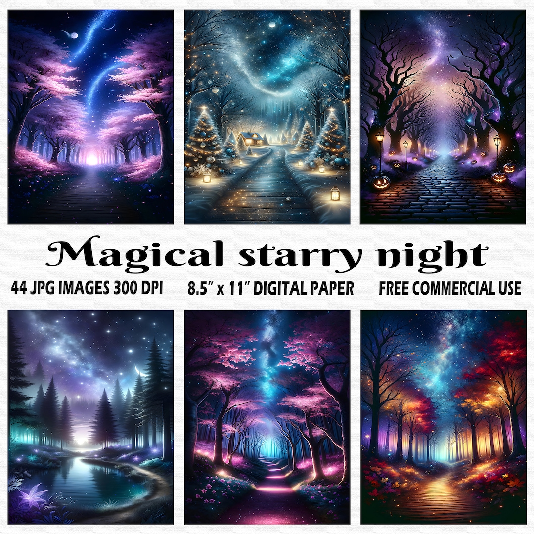 Magical Starry Night, Printable Digital Paper 8.5" X 11", 44 High ...
