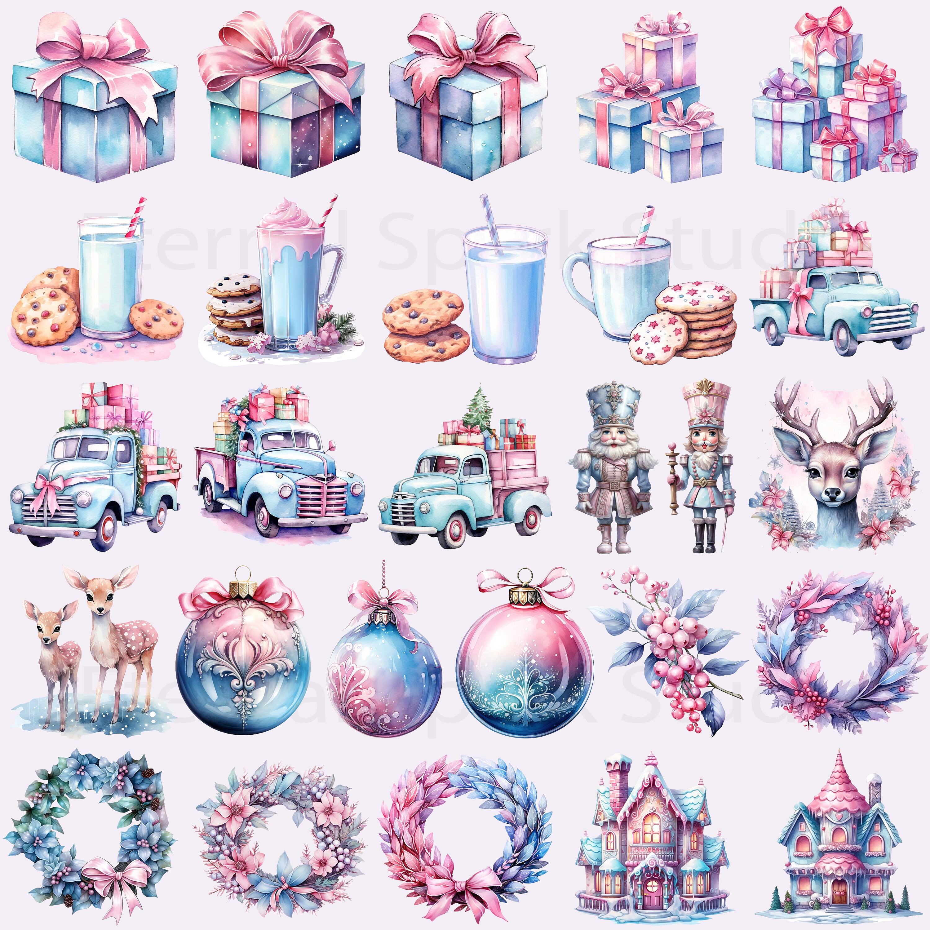 Watercolor Pastel Christmas Clip Art, 77 300 DPI Transparent PNG Images ...