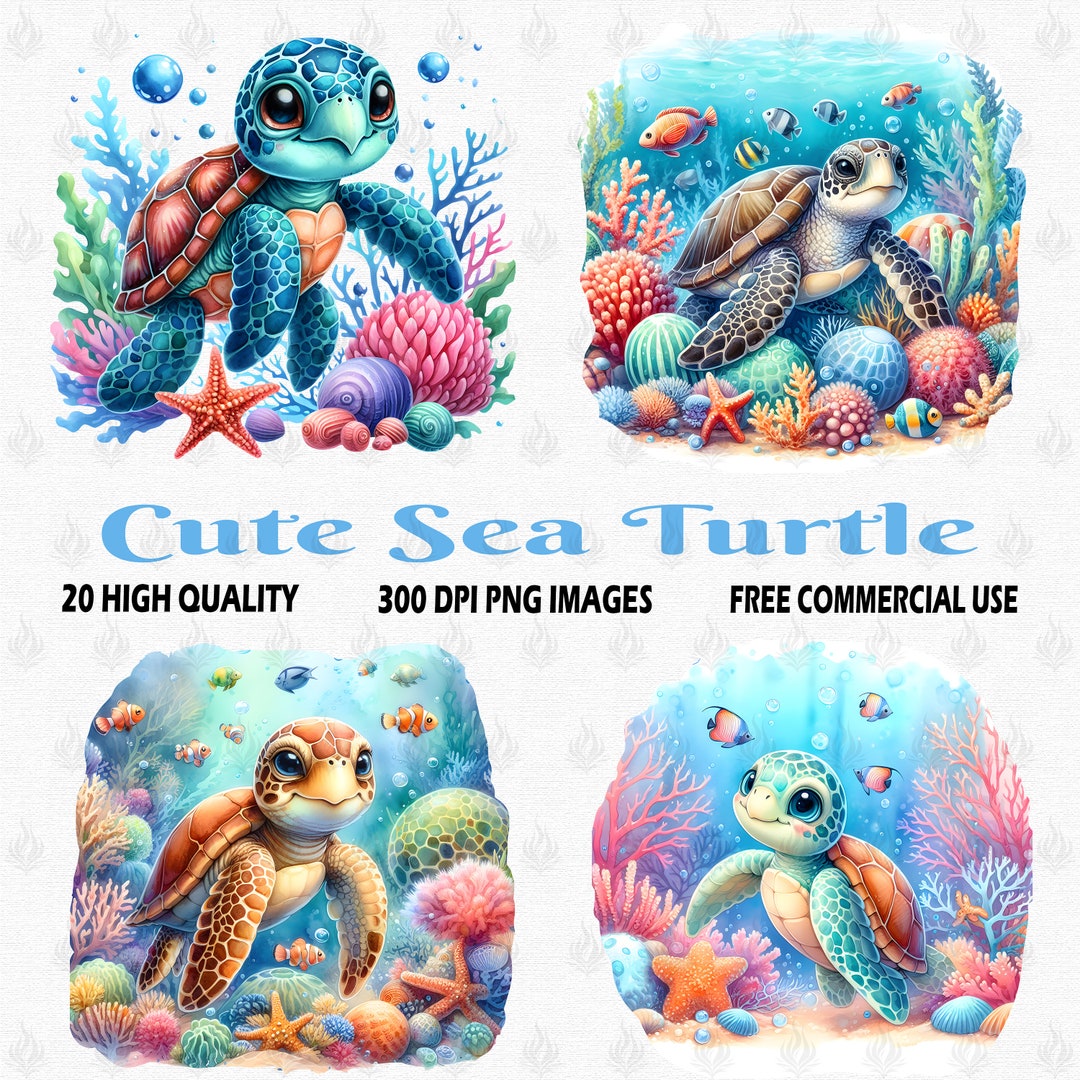 Watercolor Sea Turtle Clipart, 20 (300 DPI) Transparent Images, Cute ...