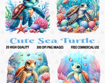 Watercolor Sea Turtle Clipart, 20 (300 DPI) Transparent Images, Cute Baby Sea Turtle Clipart PNG, Sea Life Clipart PNG, Watercolor Turtle