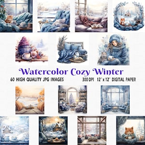 Watercolor Cozy Winter Digital Paper, 60 (300 DPI) JPG Images, Watercolor Cozy Christmas clipart, Cozy Winter Landscape clipart