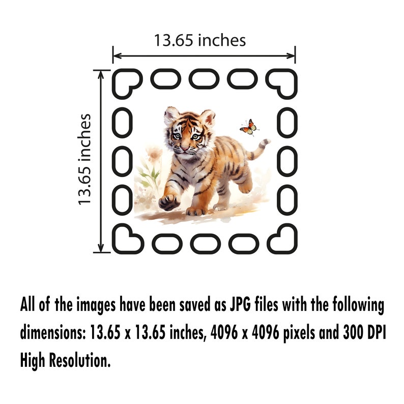 May include: A watercolor painting of a tiger cub walking towards the viewer. The cub is brown and orange with black stripes. The cub is surrounded by green grass and flowers. A butterfly is flying above the cub. The image is 13.65 inches by 13.65 inches.