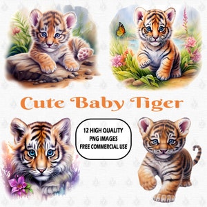 Aquarell niedliche Baby Tiger Clipart, 12 (300 DPI) PNG transparente Bilder, Tiger Cub Clipart Bundle, Floral Baby Tiger Clipart