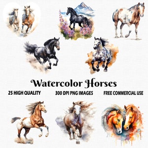 Watercolor Horses Clip Art, 25 High Quality (300 DPI) PNG Images with Transparent Background, Instant Digital Download