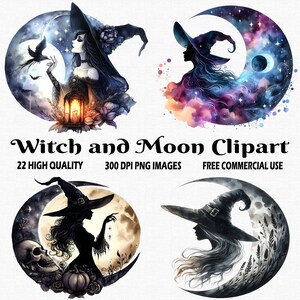Watercolor Witch and Moon Clipart, 22 (300 DPI) Transparent Images, Dark Witch Clipart, Fantasy Witch Clipart, Mystical Gothic Witch Clipart