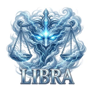 May include: A digital illustration of the Libra zodiac symbol featuring a stylized, ethereal face emerging from blue clouds and lightning. A set of balanced scales hangs from the figure, and the word LIBRA is printed in bold, metallic letters below.