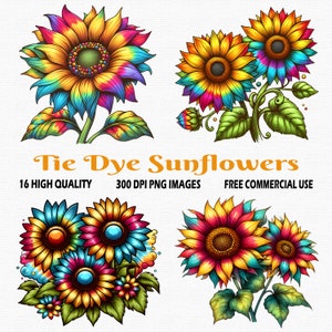 Acuarela Tie Dye Girasol Clipart, 16 HQ (300 DPI) Imágenes Png, Paquete de Girasol Png, Acuarela Girasol Clipart Png, Girasol Colorido