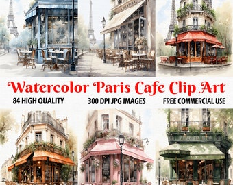 Akwarela Paryż Cafe Clip Art, 84 wysokiej jakości (300 DPI) obrazy JPG, niebieski, różowy, fioletowy, czerwony, pomarańczowy, zielony, żółty kolory, natychmiastowe pobranie