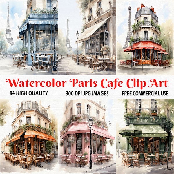 Watercolor Paris Cafe Clip Art, 84 High Quality (300 DPI) JPG Images, Blue, Pink, Purple, Red, Orange, Green,Yellow Colors, Instant Download